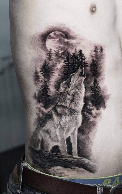 Wolf Tattoo On Back, Gray Wolf Tattoo, Wolf Back Tattoo, Half Sleeve Tattoos Wolf, Grey Wolf Tattoo, Tattoos Moon, Wolf And Moon Tattoo, Wolf Tattoo Back, Wolf Tattoos Men