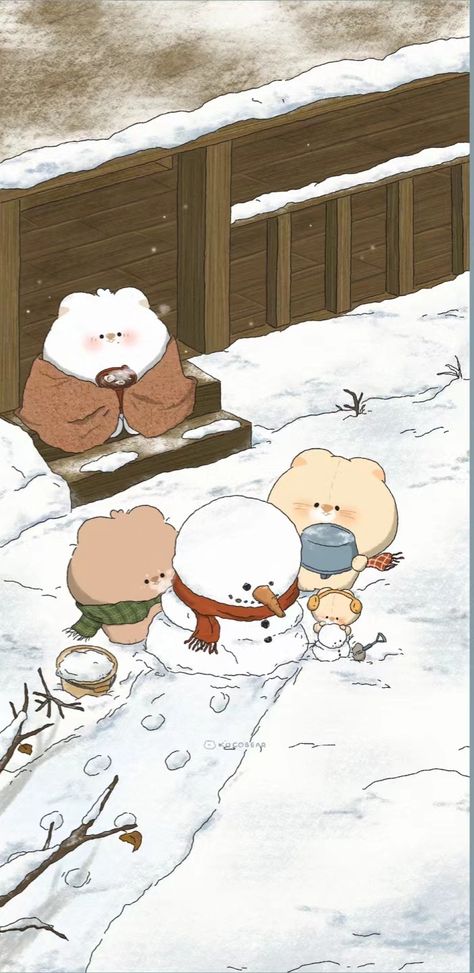 Kawaii Winter Wallpaper Iphone, Cute Drawings Bear, Animated Winter Wallpaper, Studio Ghibli Winter Wallpaper, Anime Christmas Wallpaper Iphone, Winter Cartoon Wallpaper, Christmas Kawaii Wallpaper, Anime Winter Aesthetic, Winter Anime Aesthetic