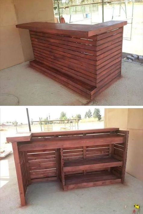 Diy Home Bar Plans, Diy Bar Ideas, Diy Pallet Bar, Pallet Bar Plans, Rustic Outdoor Bar, Wooden Pallet Bar, Diy Garden Bar, Pallet Bar Diy, Diy Outdoor Bar