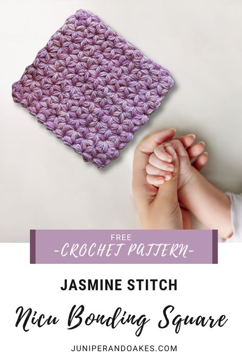 Learn the jasmine stitch and help a NICU baby at the same time!! Crochet this NICU Bonding Square. Jasmine Stitch Crochet, Bonding Squares, Crochet Challenge, Stitch Crochet Pattern, Cottage Crochet, Sunflower Cottage, Preemie Crochet, Crochet Baby Bibs, Crochet Baby Hat Patterns