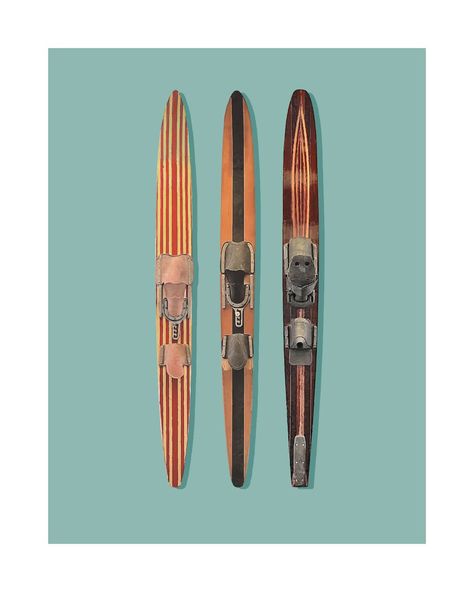 Water Ski Decor, Cottage Lake House, Ski Art Print, Slalom Water Skiing, Ski Art, Water Skis, Cottage Lake, Ski Decor, Minimalist Retro