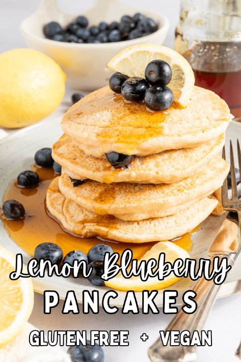 Lemon Blueberry Pancakes @spabettie #glutenfree #vegan #dairyfree #breakfast #pancakes #recipe Vegan Lemon Pancakes, Breakfast Pancakes Recipe, Lemon Blueberry Pancakes, Lemon Pancakes, Berry Pancakes, Berry Breakfast, Blueberry Sauce, Healthy Blueberry, Vegan Blueberry