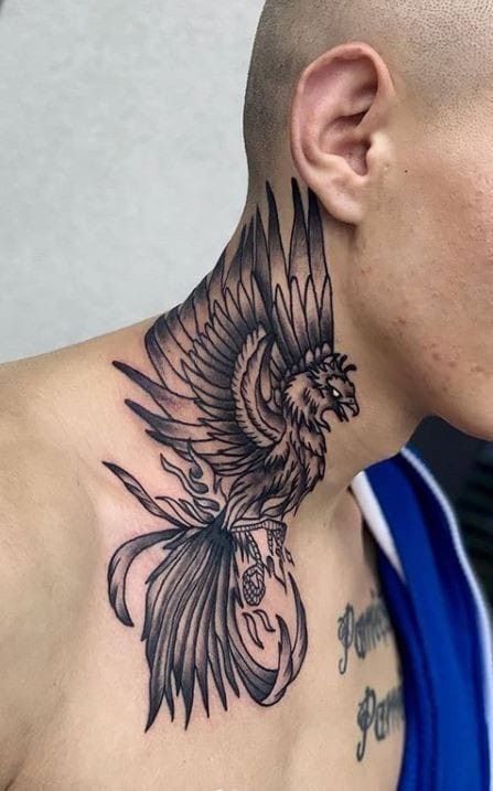 Phoenix Throat Tattoo, Phoenix Tattoo Neck, Phoenix Neck Tattoo Men, Phoenix Neck Tattoo, Tattoo In Neck, Cool Neck Tattoos, Tattoo Neck Men, Back Of Neck Tattoo Men, Chest Neck Tattoo