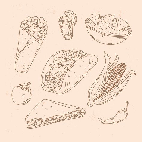 Free Vector | Hand drawn mexican food drawing illustration Mexican Food Illustration, Mexican Food Drawing, Food Drawing Illustration, Mexican Drawings, Mexican Illustration, Mexican Artwork, Crunch Wrap, Design Apps, Food Drawing