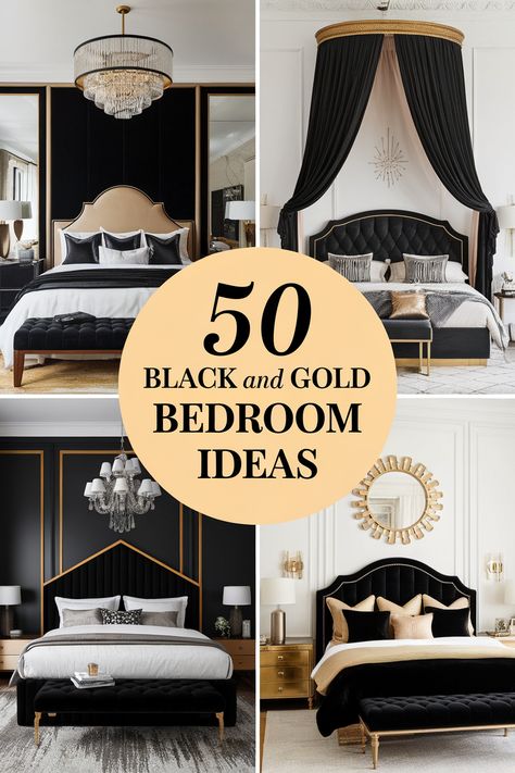 Black and gold bedroom furniture is perfect for creating a luxurious and sophisticated space. Discover black and gold bed frames, dressers, nightstands, and more. Find inspiration for gold-framed artwork, black velvet curtains, and chic gold lighting fixtures. These black and gold bedroom ideas for women and couples will elevate your bedroom. Room With Black Headboard, Gold Black Bedroom Ideas, Gatsby Bedroom Decor, Black Upholstered Bed Decor Ideas, Black And Gold Bedroom Furniture, Grown Woman Bedroom Ideas Classy, Gold Bed Frame Bedroom Ideas, Black And Gold Bedroom Aesthetic, Neutral Glam Bedroom