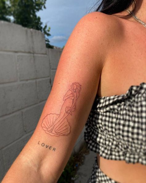 The Birth Of Venus Tattoo, Birth Of Venus Tattoo, Pair Tattoos, Venus Tattoo, Delicate Tattoos For Women, Lavender Tattoo, Birth Of Venus, Bicep Tattoo, Text Tattoo