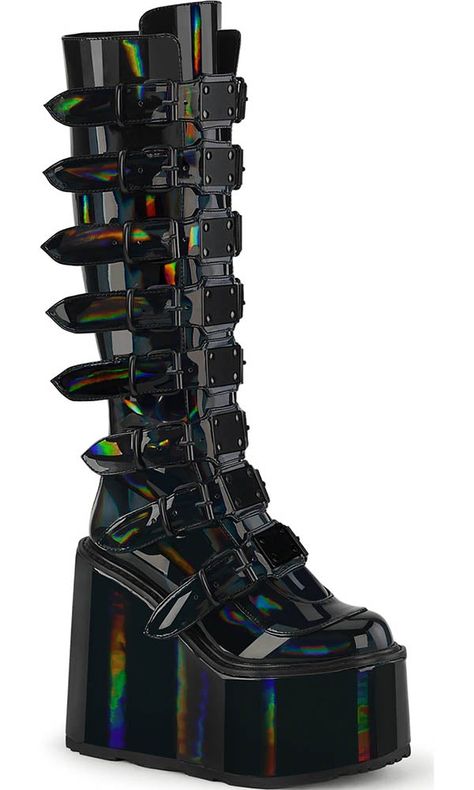 Demonia Boots, Black Holographic, Demonia Shoes, Dance Heels, Striped Shoes, Pleaser Shoes, Metal Plates, Boots Knee, Chunky Boots