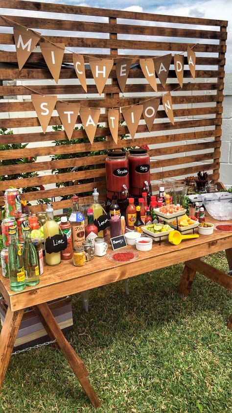 Small Yard Party Set Up, Mexican Party Bar Ideas, Rancho Theme Party Ideas, Mexican Bar Table, Mexican Party Drink Station, Ranchera Theme Party, Tejano Party Theme, Tailgate Bar Ideas, How To Set Up A Bar For A Party