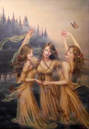 Charites- Greek myth: the three graces. they were three sister minor goddesses of charm, beauty, nature, human creativity, and fertility. they were named Aglaea (Splendor), Euphrosyne (Mirth), and Thalia (Good Cheer). they were the patronesses of amusement and festivals. they were the daughters of Zeus or Helios. Lauri Blank, Yellow Dresses, Three Women, Greek And Roman Mythology, Three Graces, Roman Mythology, Arte Fantasy, 판타지 아트, Gods And Goddesses