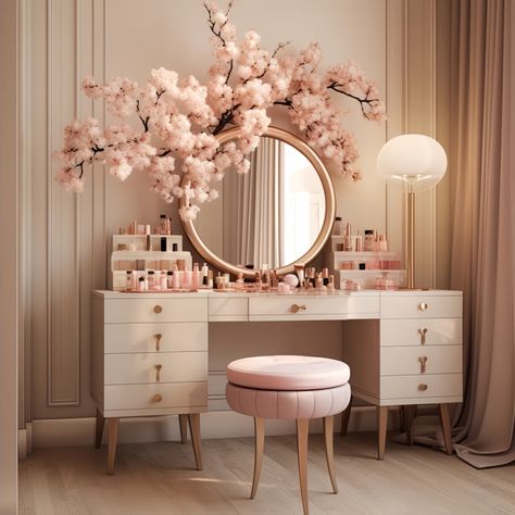 Vanity With Circle Mirror, Vanity With Circle Mirror Aesthetic, Makeup Tafel, Makeup Room Golden Mirror, Vanity Ideas Bedroom Modern Luxury Pink, Circle Mirror Wall, Gold Bow Mirror, Gold Circle Mirror, Vanity Living Room