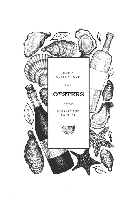 Premium Vector | Oysters template. hand drawn illustration. seafood banner. can be used for design menu, packaging, recipes, fish market, seafood products. Wine Illustration Design, Oyster Background, Oyster Illustration, Menu Drawing, Seafood Illustration, Seafood Art, Oyster Festival, Menu Illustration, Oyster Roast