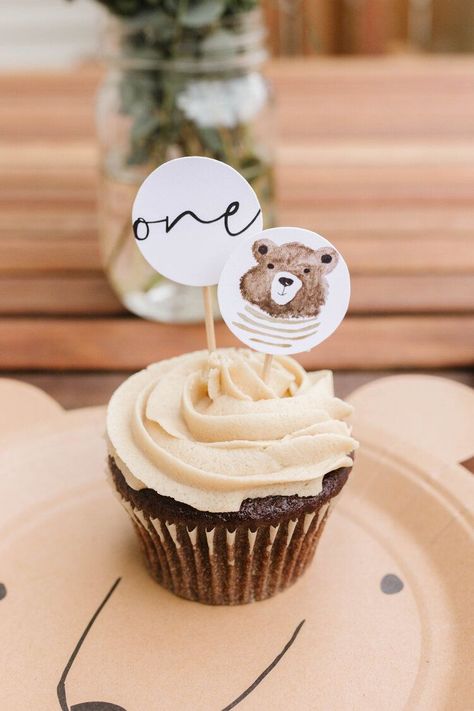 Cupcake With Topper, Teddy Bear Birthday Cupcakes, Teddy Bear Picnic Cupcakes, Cupcake Teddy Bear, Bear Themed Birthday Cake, Beary First Birthday Cupcakes, 1st Birthday Cupcakes For Boys, Beary First Birthday Food, Bear 1st Birthday