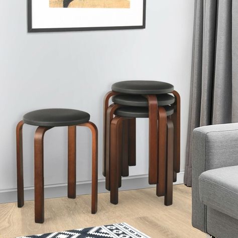 Set of 4 Bentwood Round Stool Stackable Dining Chair with Padded Seat - 15" x 15" x 18.5" (L x W x H) - Bed Bath & Beyond - 33181626 Stackable Stools, Short Stools, Stackable Dining Chairs, Wood Counter Stools, Round Stool, Bentwood Chairs, Kitchen Bar Stools, Kitchen Bar, Counter Stools