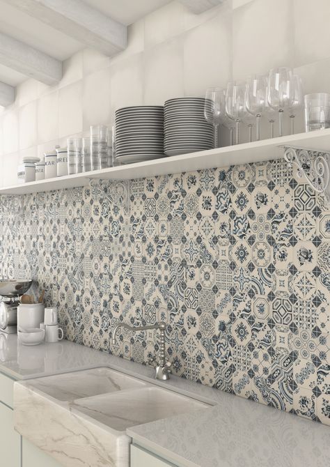 Tile Floor Inspiration, Anthology Tile, Vintage Tile Backsplash, Vintage Tiles Kitchen, Vintage Kitchen Tiles, Kitchen Tiles Ideas, Vintage Kitchen Tile, Patchwork Kitchen, Backsplash Tile Design