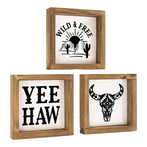 PRICES MAY VARY. Size: 5.9*5.9inchs, Thickness 1.18 Inchs, Vintage Print Wood Sign. decorative: bull head, cactus, the geometric design, creates a captivating visual appeal that complements various interior styles western theme decor: cowgirl room, ranch, house decor, modern living room, office, kitchen, dorm, teen girls room, restroom,nursery. the 3-piece rack is decorated with black and white plaques, printed with the words "YEE HAW" and "WILD&FREE", and features country cowboy-inspired artwor Western Decor Above Kitchen Cabinets, Western Apartment Decor Kitchen, Rodeo Signs, Western Apartment Decor, Boho Rustic Home, Western Decor Living Room, Western Bathroom, Cowgirl Room, Western Signs