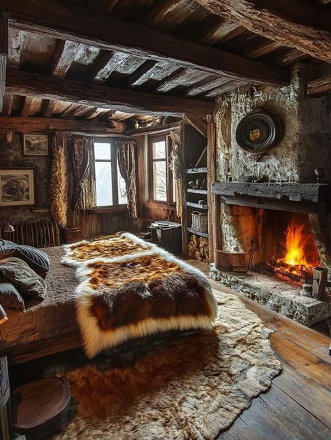 Viking Home Aesthetic, Viking House Interiors, Viking Interior, Slavic House, Viking Bedroom, Log Structures, Viking Home, Mead Hall, Rustic Rooms