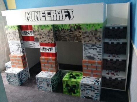 Minecraft Room Decor, Minecraft Bed, Minecraft Bedroom Decor, Play Beds, Minecraft Theme, Wooden Beds, Theme Beds, Minecraft Bedroom, Loft Beds