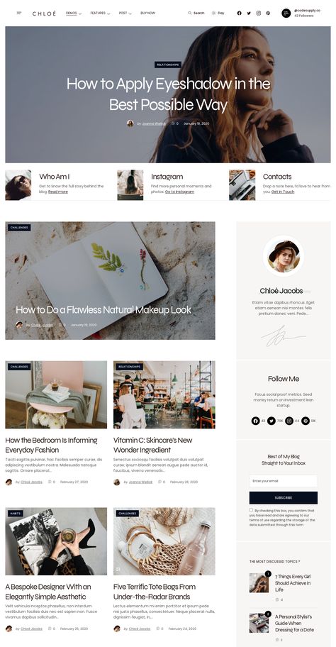 Unleash your inner beauty and style with Chloé - the ultimate WordPress theme for beauty and lifestyle bloggers. From make up tips to fashion trends, this theme has everything you need to create content that stands out. Get your lifestyle beauty blogger aesthetic on fire with this amazing easy-to-use WordPress design. It's responsive, good looking and it makes it easy to start your own blog! Aesthetic Blog Website Design, Blog Homepage Design, Lifestyle Blog Website Design, Blog Aesthetic Layout, Lifestyle Blogger Aesthetic, Blog Examples, Blog Post Design, Blogger Aesthetic, Blog Templates