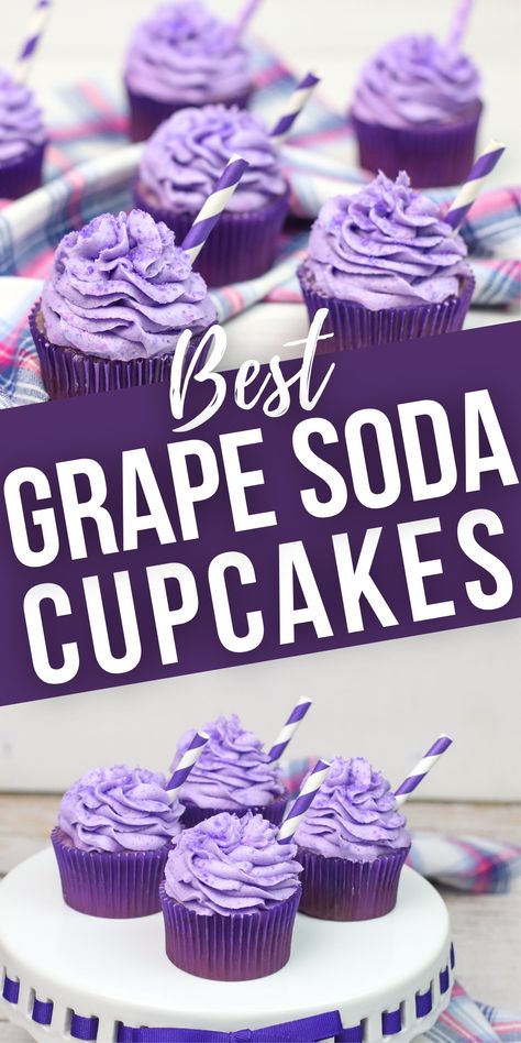 Purple Cake Flavors, Soda Can Cupcakes, Fun Easy Cakes To Make, Grape Cupcake Recipe, Grape Soda Cupcakes, Grape Cake Recipe, Purple Desserts Ideas, Grape Cupcakes, Soda Frosting