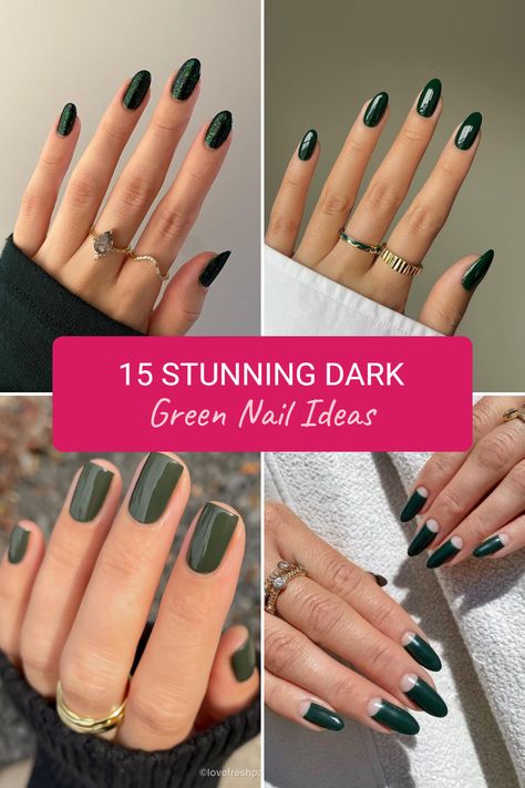 Looking for some nail inspiration? Check out these 15 stunning dark green nails that you'll absolutely adore! From glamorous glitter to matte finishes, dark green is the perfect color for chic and classy nail designs. Whether you're preparing for a special event or just a night out, dark green nails can elevate your look instantly. Explore different styles to find your favorite, and don’t forget to pamper yourself with some tools or nail art to create your own gorgeous dark green manicure at home! Dark Green Manicure Ideas, Green Nails For Winter, Hunter Green And Gold Nails, Dark Green Nail Color, Green Winter Nail Designs, Classy Green Nails, Dark Green Manicure, Short Dark Green Nails, Deep Teal Nails