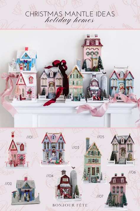 HOLIDAY VILLAGE IDEAS FOR THE BEST CHRISTMAS DISPLAY | Bonjour Fête Modern Christmas Village Display, Anthropologie Christmas Village, Colorful Christmas Village, Whimsical Homes, Easy Holiday Decorations, Christmas Dollhouse, Christmas Village Collections, Barbie Christmas, Cute Christmas Decorations