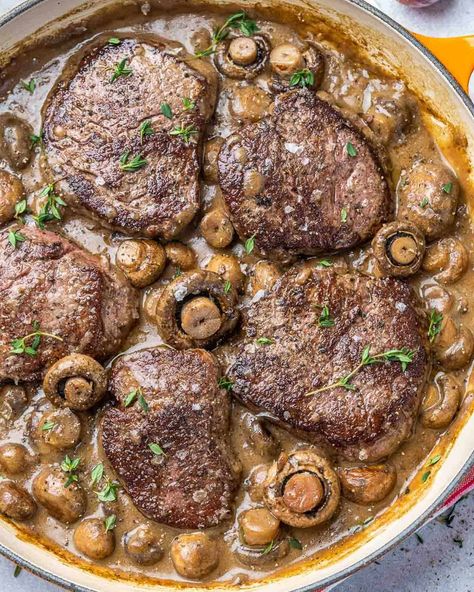 Make this Fillet Steak in Mushroom Sauce in under 30 minutes for an easy and delicious healthy dinner any night of the week. Tender and juicy filet mignon are covered in a flavorful mushroom sauce and all made in one skillet for fast cleanup. #steakandmushroom #mushroomsteak #mushroomsteaksauce #steaksauce #mushroomsauce Fillet Steak Recipes, Mushroom Sauce Steak, Filet Steak, High Protein Dishes, Mushroom Sauce Recipe, Mignon Steak, Fitness Meals, Soup Healthy, Fillet Steak