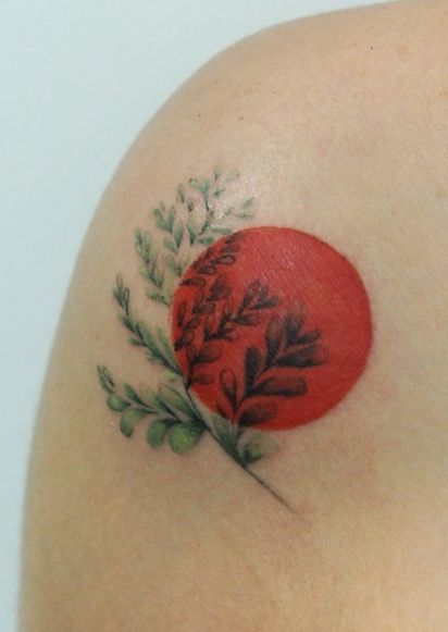 Fern Flower Blood Moon Tattoo Blood Moon Tattoo, Winter Tattoo, Blood Red Moon, Green Tattoos, Fern Flower, Circle Tattoo, Orange Moon, Red Tattoos, Facial Piercings