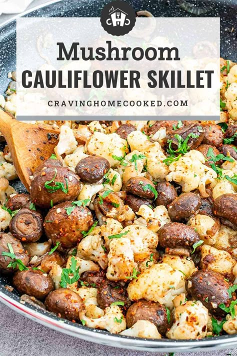 This delicious 20-minute Mushroom Cauliflower Skillet makes for a quick and easy vegetarian side dish or a fantastic start to the main meal! #mushroom #cauliflower #skilletrecipe #recipe #sidedish Fresh Mushrooms Recipes, Mushroom Side Dish Recipes, Cauliflower Skillet, Easy Vegetarian Sides, Vegetarian Side Dish, Mushroom Side Dishes, Mushroom Recipes Healthy, Mushroom Casserole, Cauliflower Dishes