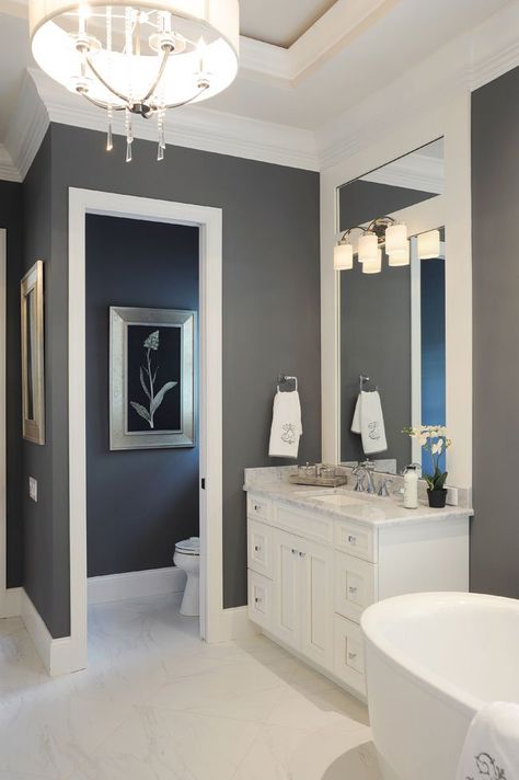 Blue And Gray Decor, Replace Tub, American House Interior, Grey Bathroom Paint, Shower Frame, Small Guest Bathroom Ideas, Gray Bathroom Walls, Small Guest Bathroom, Dark Gray Bathroom