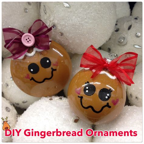 DIY gingerbread ball ornament. Pour tan paint inside the clear ball, let dry. Draw face details with black acrylic paint pen. Frosting, uses  dimensional Scribbles paint. Gingerbread Ball Ornaments, Diy Clear Ornaments Kids, Clear Ornament Ideas Diy Paint, Clear Christmas Ball Ornament Ideas, Clear Ball Ornament Ideas, Clear Christmas Ball Ornament Ideas Diy, Diy Clear Ornament Ideas, Clear Ornament Crafts, Diy Gingerbread Ornaments