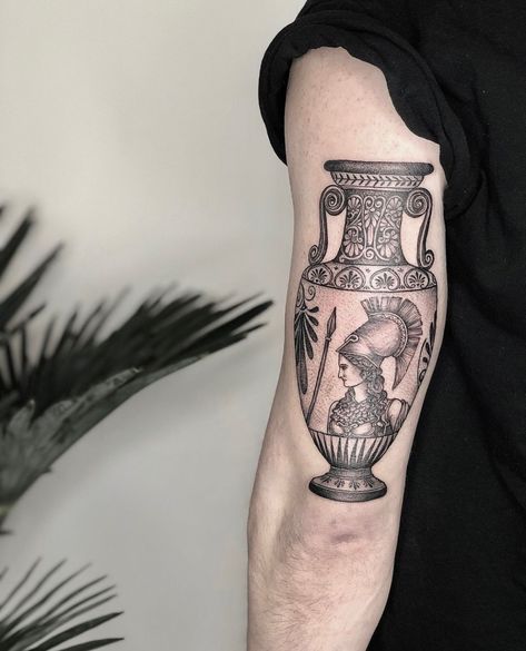 Greece Mythology Tattoo, Mythology Tattoo Ideas, Ancient Greek Tattoo, Greece Tattoo, Resilience Tattoo, Vase Tattoo, Athena Tattoo, Greek God Tattoo, Roman Tattoo