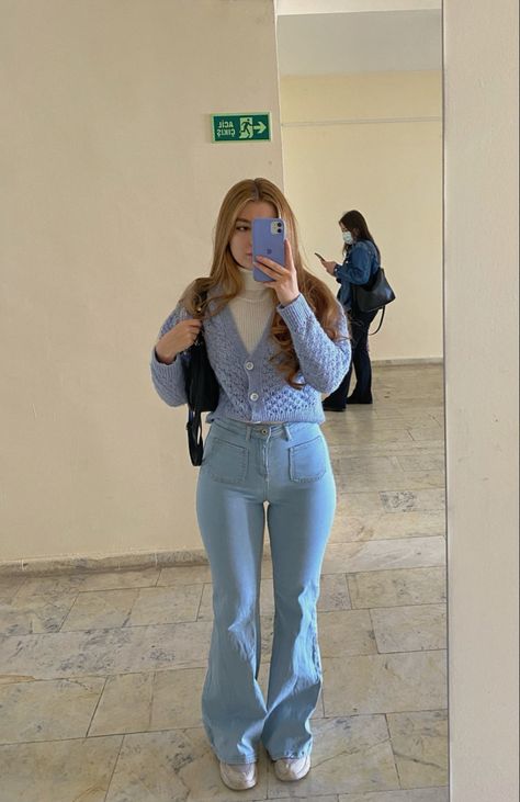 Light Blue Bell Bottoms Outfit, Basic Blue Jeans Outfit, Light Blue Bell Bottom Jeans Outfit, Blue Flares Outfit, Blue Jean Bell Bottoms Outfit, Blue Bell Bottom Jeans Outfit, Light Blue Long Sleeve Shirt Outfit, Baby Blue Winter Outfit, Blue Flare Jeans Outfit Winter