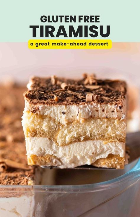 gluten free tiramisu pinterest marketing image Tiramisu Recipe Gluten Free, Gluten Free Tiramisu Recipe, Tiramisu Easy, Gf Deserts, Gluten Free Tiramisu, Paleo Low Fodmap, Mascarpone Filling, Mascarpone Dessert, Gf Food