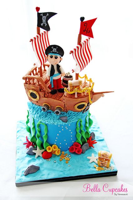 pirate cake--ship made of rice krispy treats Pirates Cake, Pirate Birthday Cake, Boat Cake, Pool Cake, Pirate Cake, Pirate Birthday Party, Pirate Birthday, Childrens Birthday Cakes, Novelty Cakes