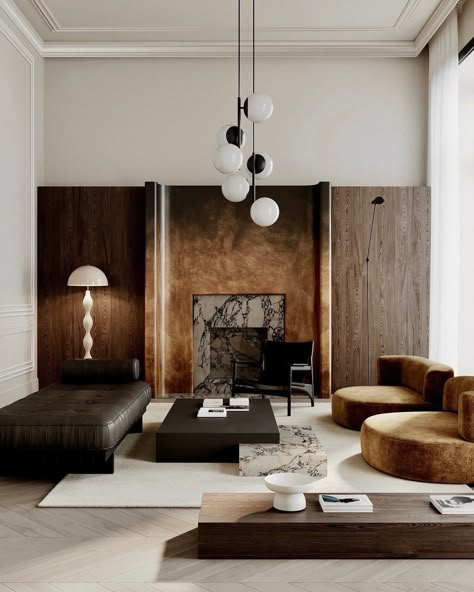 Unique Condo Interior, Dark Wooden Interior, Orange Blue Interior Design, Mix Match Couches, Funky Modern Bedroom, Black White And Wood Living Room, Brown Interior Design, Neoclassical Living Room, Neoclassical Interior