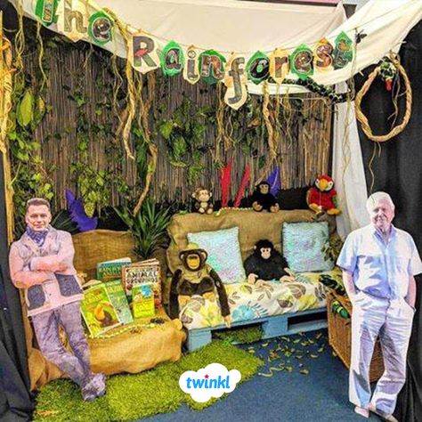 We love this rainforest reading and role play area - complete with a Sir David Attenborough cardboard cut-out! Find hundreds of rainforest themed teaching resources, ideas and activities over on the Twinkl website!   #rainforest #classroomideas #classroominspiration #davidattenborough #attenborough #nature #world #earth #naturalworld #teachingideas #teachingresources #twinkl #twinklresources #readingarea #roleplay Rainforest Reading Corner, Zoo Role Play Area, Rainforest Themed Room, Rainforest Room, Jungle Activities, Rainforest Project, Reading Areas, Dance Theme, Roleplay Ideas