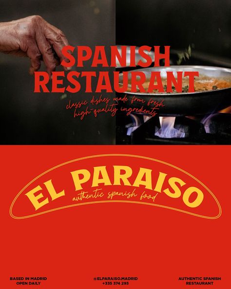 Introducing El Paraíso, El Paraíso is a Spanish restaurant that offers a diverse menu of classic dishes made from fresh, high-quality ingredients From tapas and paellas to seafood and desserts, They aim to deliver an authentic Spanish dining experience. #dbelparaíso #designerbriefs #graphicdesignchallenge #logo #brandingchallenge #branding_design #brandbrainy #brandreveal #font #welovebranding #logodaily #branding #brandinginspiration #brandingagency #brandingstudio #brandingstrategy #restau... Spanish Graphic Design, Spanish Restaurant Design, Spain Restaurant, Spanish Market, Food Website Design, Magic Font, Fish Restaurant, Spanish Restaurant, Restaurant Poster