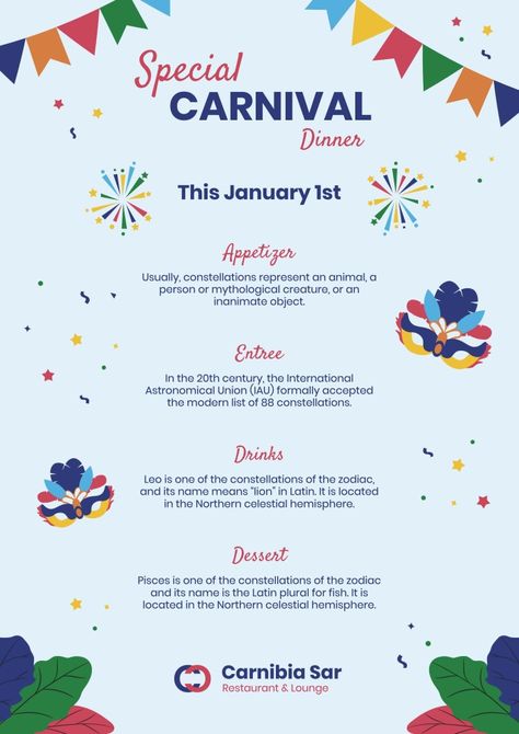 Colorful Special Carnival Dinner Restaurant Menu Special Menu Design, Carnival Celebration, Dinner Restaurant, Food Menu Template, Restaurant Menu Template, Dinner Restaurants, Restaurant Lounge, Mythological Creatures, Menu Template