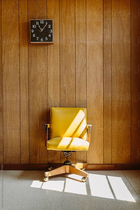 "Vintage Yellow Office Chair With Wood Paneling" by Stocksy Contributor "Raymond Forbes LLC" Yellow Office Chair, Insurance Office, Cheap Desk Chairs, Office Chair Diy, Yellow Office, Vintage Office Chair, Upholstered Swivel Chairs, Retro Office, Yellow Chair