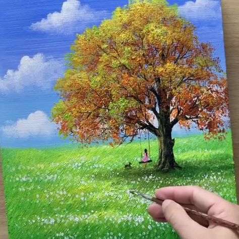 Autumn Oak Tree Acrylic Painting | By Painting Skills Oak Tree Acrylic Painting, Oak Tree Artwork, Tree Paintings Acrylic, Acrylic Tree Painting, Oak Tree Painting, Autumn Tree Painting, Oak Tree Art, Acrylics Ideas, Oak Tree Drawings