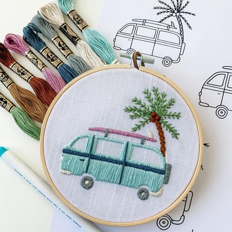 Throwback to one of my earliest patterns. 🌴 Do you have any fun trips planned for the summer? Comment below! ✈️ Downloadable pattern is available in my Etsy shop. Link in bio. ⬆️ Embroderie Patterns Free, Van Embroidery, Fun Trips, Monogram Cross Stitch, Learning To Embroider, Beginner Embroidery Kit, Embroidery Stitch, Handmade Embroidery Designs, Needle Point