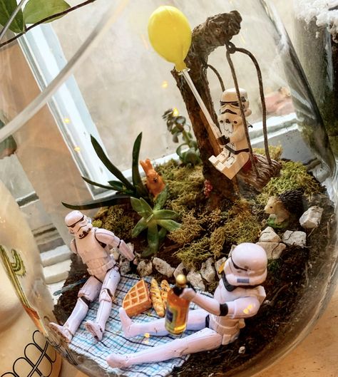 #starwars #stormtrooper #terrarium #succulents Star Wars Terrarium Diy, Diy Starwars Gift, Starwars Terrarium, Geek Terrarium, Nerd Terrarium, Lego Terrarium, Star Wars Terrarium, Diy Pool Toys, Homemade Sand