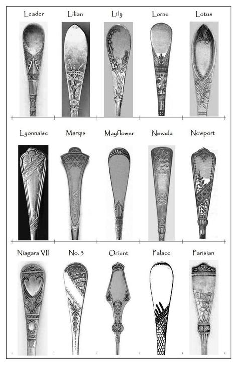 19th century silver flatware patterns pictorial compilation. Sterling Silver Flatware Pattern, Vintage Spoon Jewelry, Oneida Flatware, Flatware Design, Flatware Patterns, Silverplate Flatware, Antique Silverware, Vintage Cutlery, Vintage Flatware