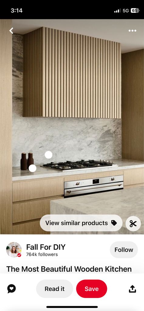 Kitchen Extractor Hood, Kitchen Hood Ideas, Kitchen Extractor, Bungalow Interior, Timber Battens, Timber Slats, Extractor Hood, Kitchen Hoods, Kitchen Cabinet Doors