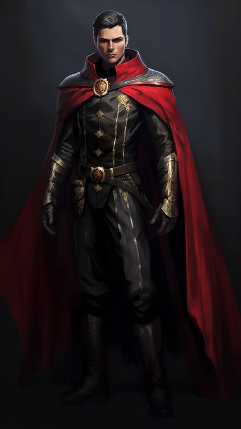 Magic Cape Fantasy Art, Male Fantasy Clothing Design Red, Black And Red Fantasy Outfit Male, Red Armor Art, Red Armor Knight, Male Fantasy Clothing Royal Red, Emperor Armor, Male Noble Fantasy Art, Fantasy Prince