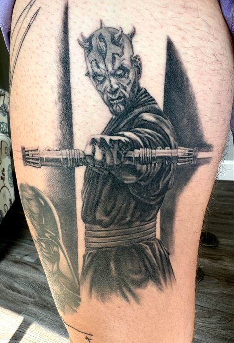 Darth Maul Tattoo on thigh Maul Tattoo, Darth Maul Tattoo, Sith Tattoo, Lightsaber Tattoo, Darth Maul Lightsaber, Tattoo On Thigh, Nerd Tattoo, Marvel Tattoos, Star Wars Tattoo