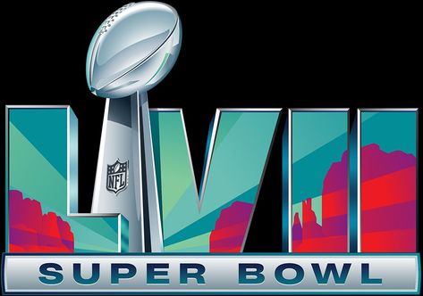 An official logo for the 57th #NFL Superbowl featuring the landscape of the Arizona Desert colored in teal, pink & orange within the Roman numerals LVII. The silver Vince Lombardi Trophy placed between the L & V & SUPER BOWL is written below on a silver bar. Super Bowl Logo, Super Bowl 57, Superbowl Logo, Championship Logo, Lombardi Trophy, Kansas Chiefs, Chiefs Kingdom, Nfl Superbowl, Super Bowl Commercials