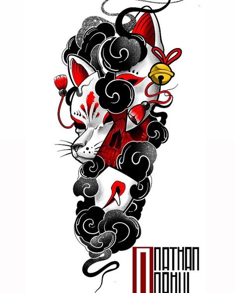 Kitsune Sleeve Tattoo, Japanese Tattoos Design, Kitsune Mask Tattoo Design, Japanese Kitsune Tattoo, Kitsune Tattoo Design, Kitsune Mask Tattoo, Japanese Tattoo Art Traditional, Flying Phoenix Tattoo, Kitsune Tattoo