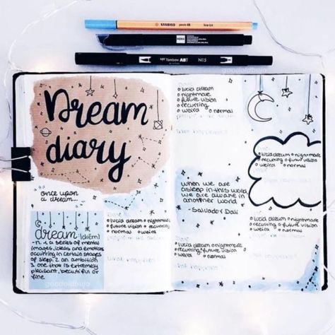 tracking dream in bullet journal Dream Diary Ideas, Dream Journal Ideas, Dream Journaling, Scrapbooking Aesthetic, Aesthetic Scrapbooking, Dream Diary, Bullet Journal 2019, Diary Diy, Creating A Bullet Journal