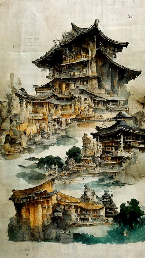 Old Chinese Art, Chinese Houses, Houses Watercolor, Architectural Painting, Chinese Buildings, Village Drawing, Drawing 101, Chinese Drawing, Buildings Artwork